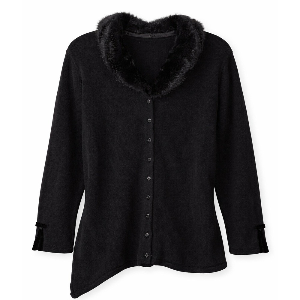 Vintage First Issue Sz XL Black Faux Fur Trim Velvet Cardigan Sweater‎ Old Money